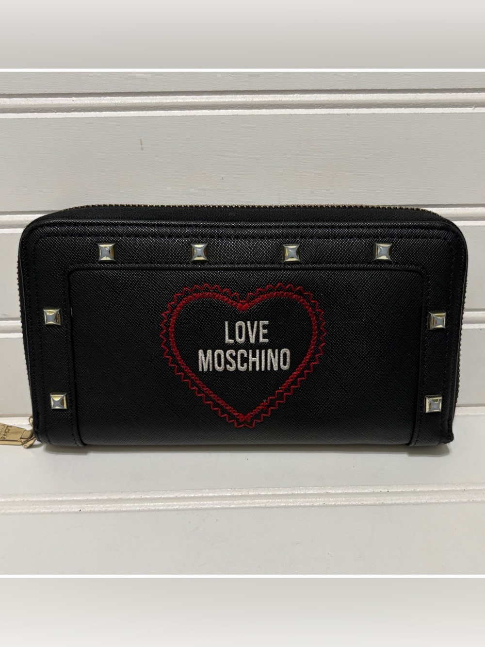 LOVE MOSCHINO Red Embroidered Heart Leather Stud Detail Zip Around Large Wallet